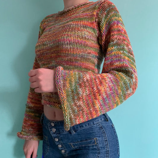 The Burnt Rainbow Shades Sweater - handmade knitted flared sleeve jumper