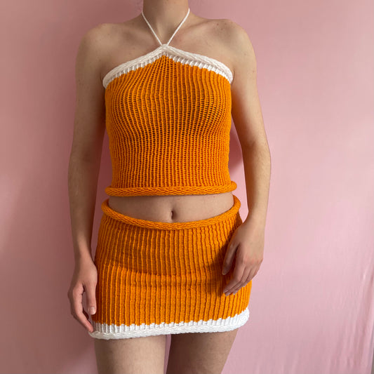 SET: Handmade knitted colour block halter top and skirt in orange and white