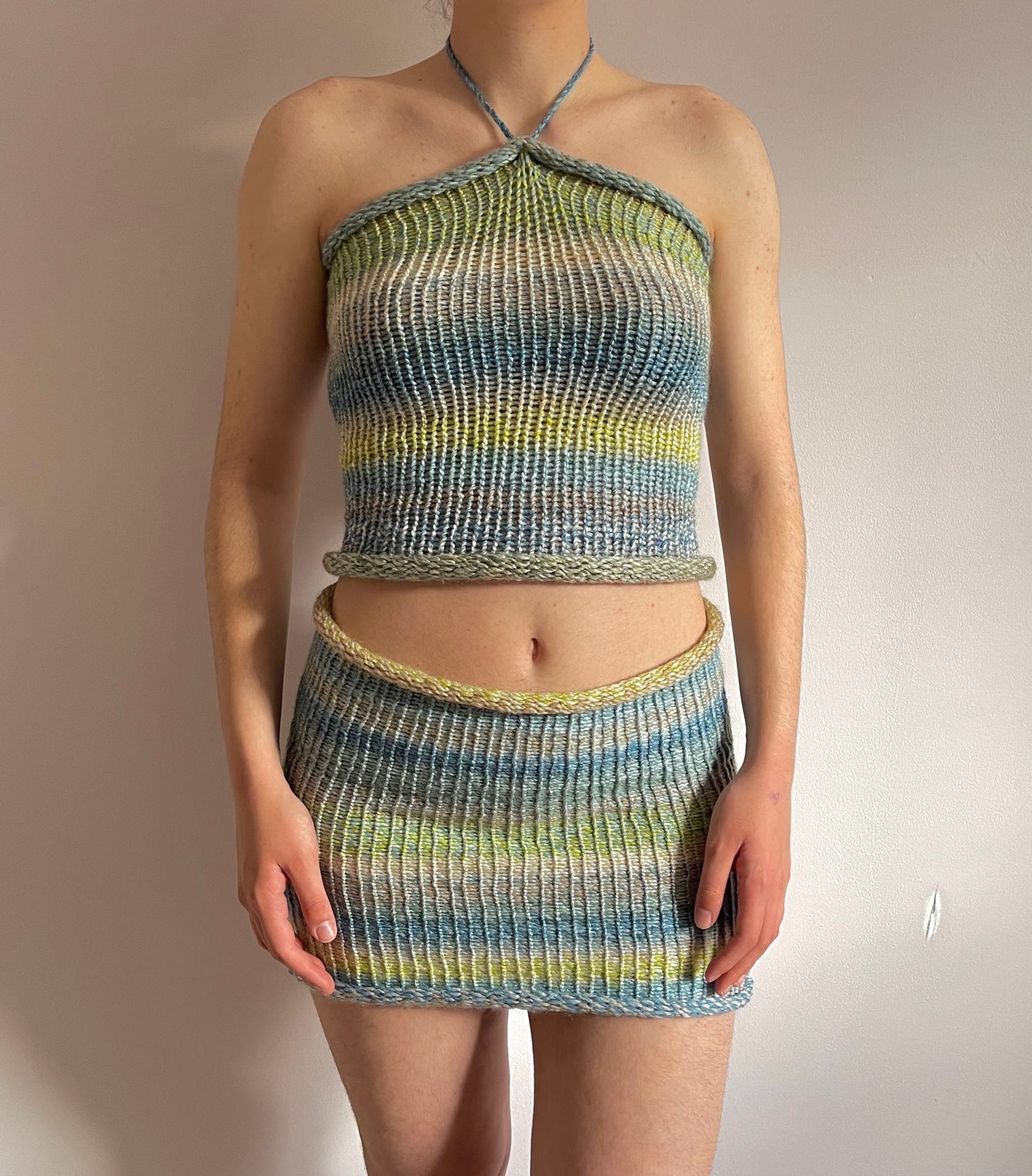 Handmade knitted halter top in green, beige, yellow and blue