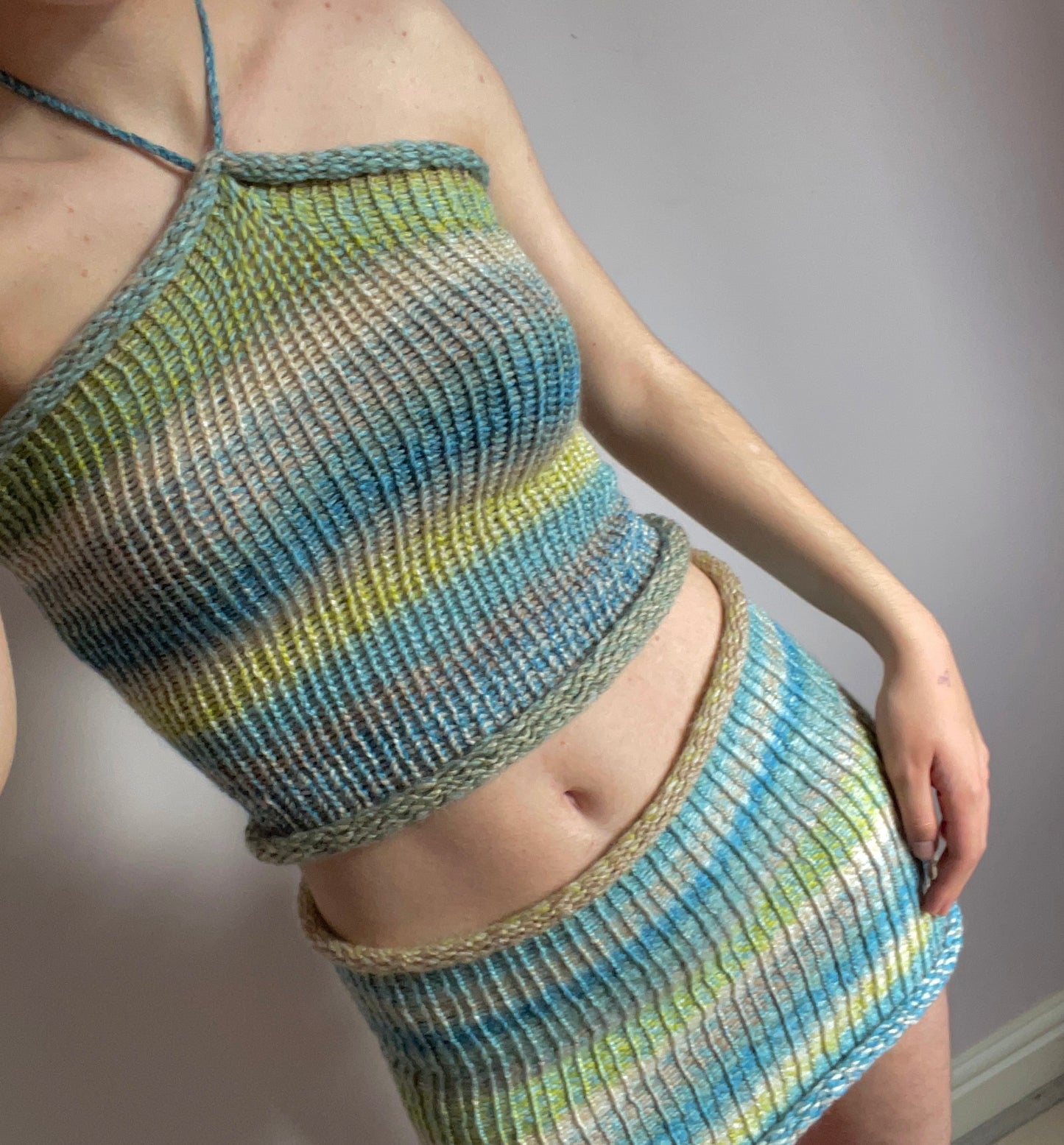 SET: Handmade knitted halter top and skirt in green, beige, yellow and blue