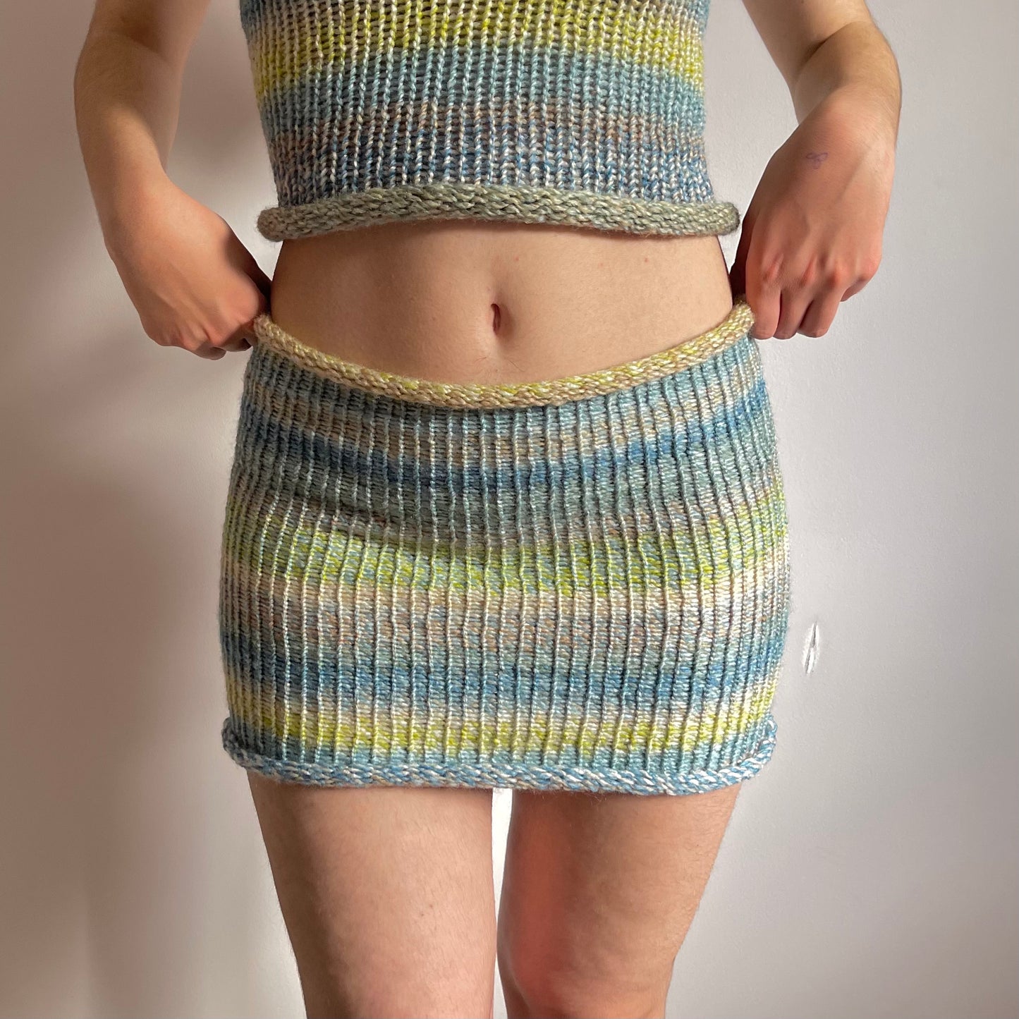 SET: Handmade knitted halter top and skirt in green, beige, yellow and blue