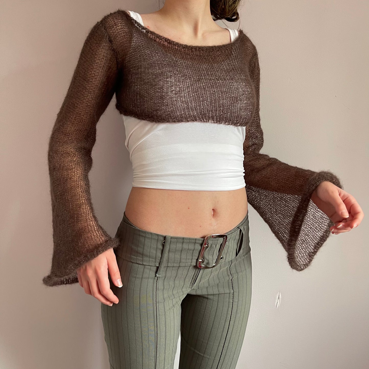 Handmade knitted brown mohair cropped jumper