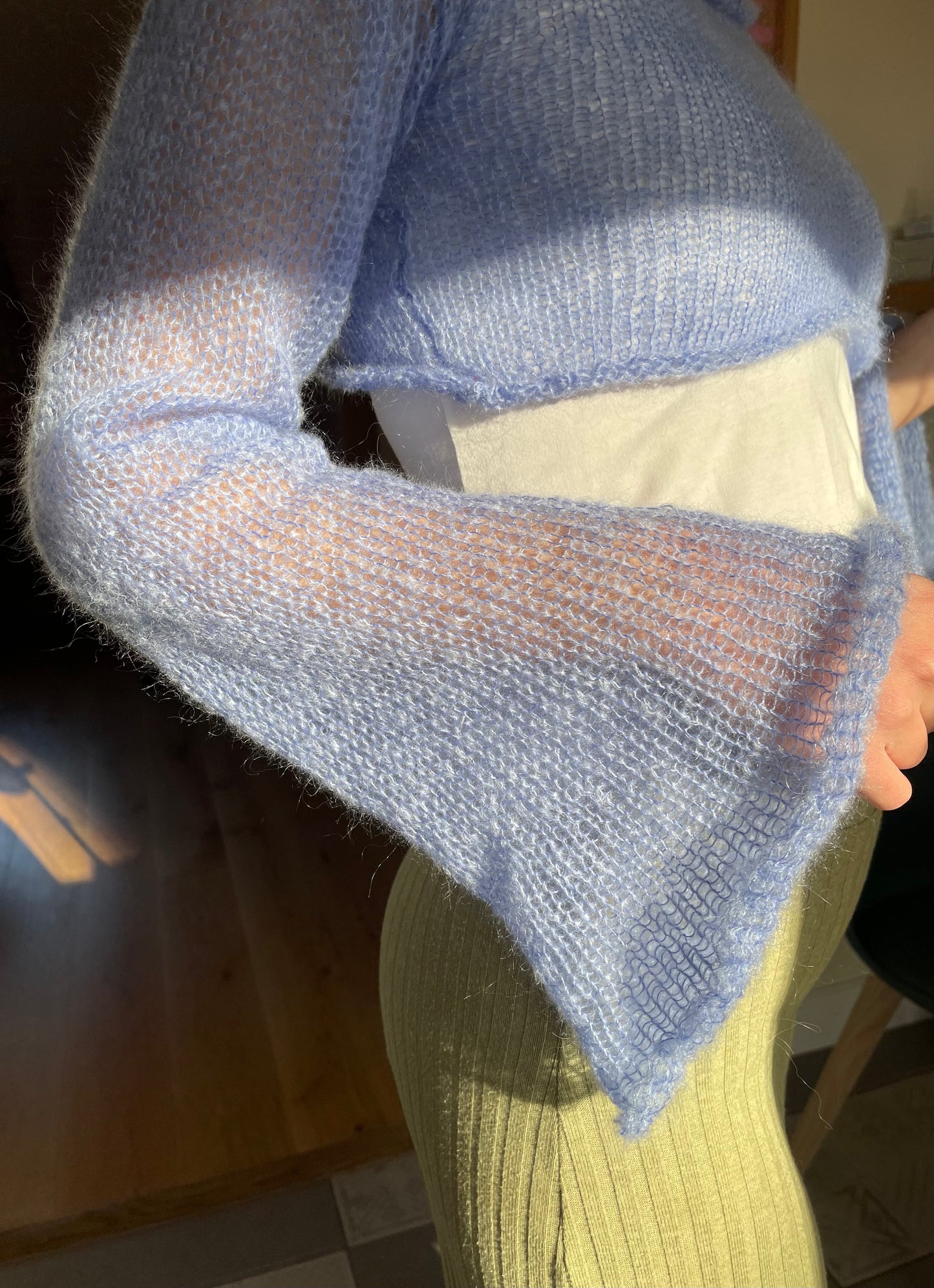 Handmade knitted cornflower blue mohair cropped jumper