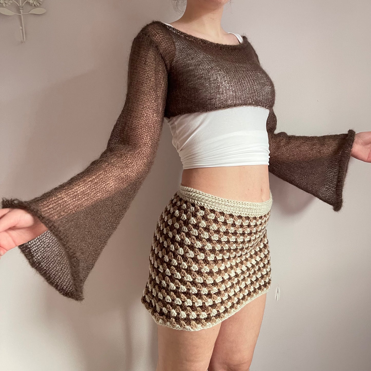 Handmade knitted brown mohair cropped jumper