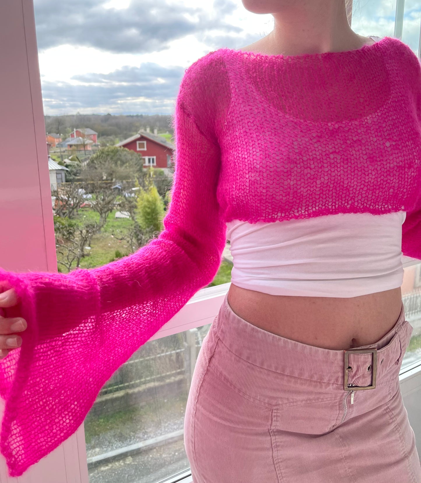 Handmade knitted hot pink mohair cropped jumper
