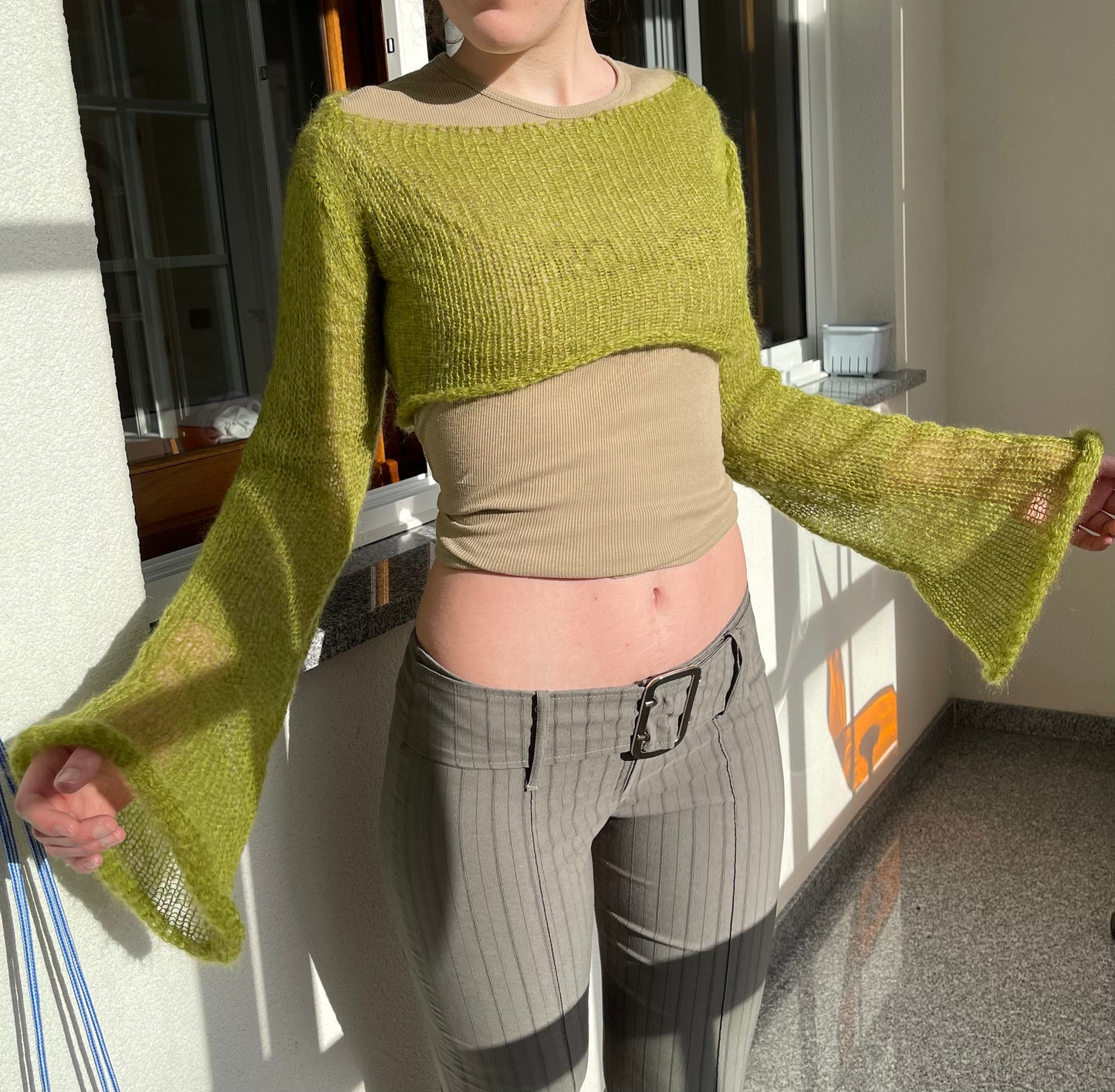 Handmade knitted olive green cropped mohair jumper