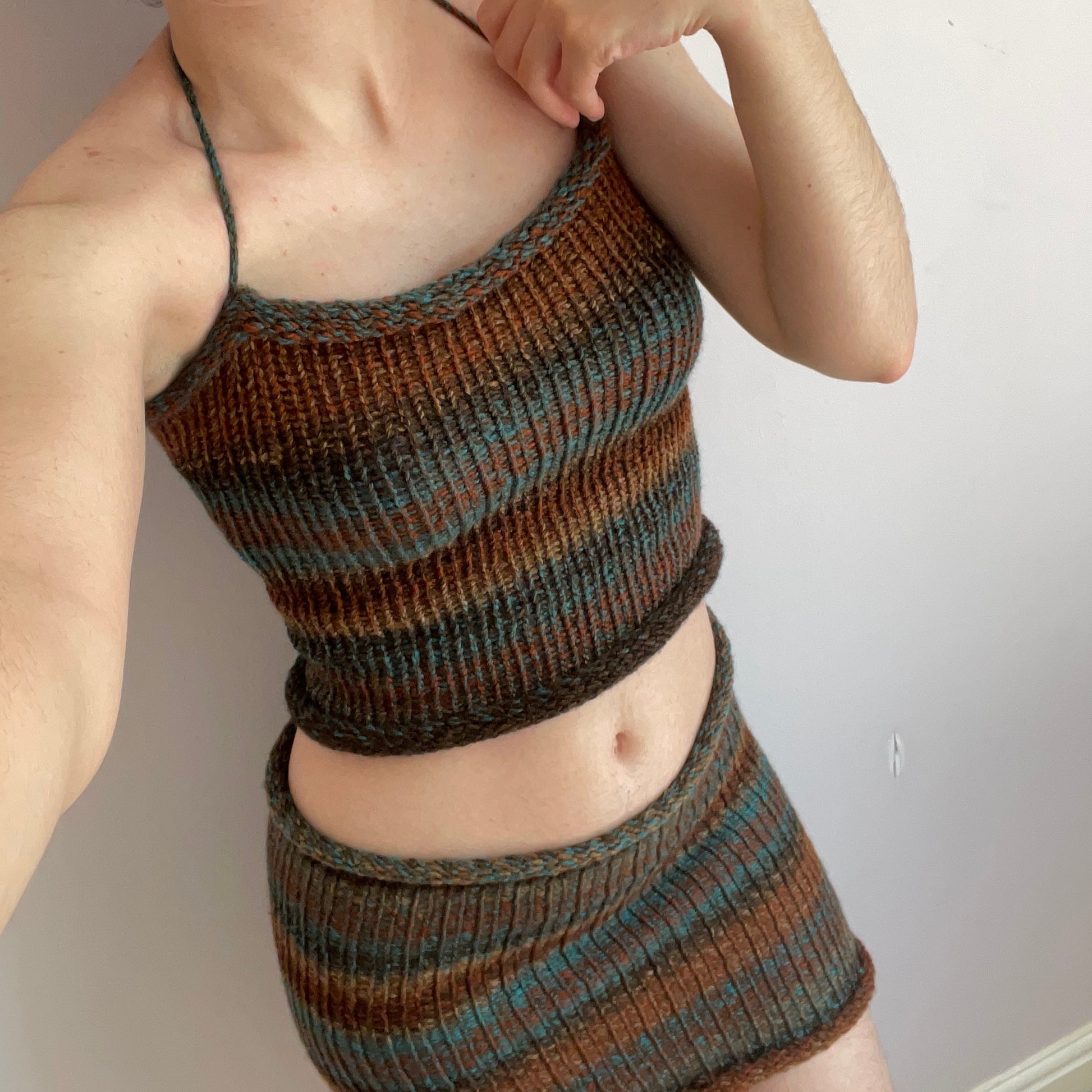 SET: Handmade knitted top and skirt in blue and brown shades – Yarns Truly  Shop