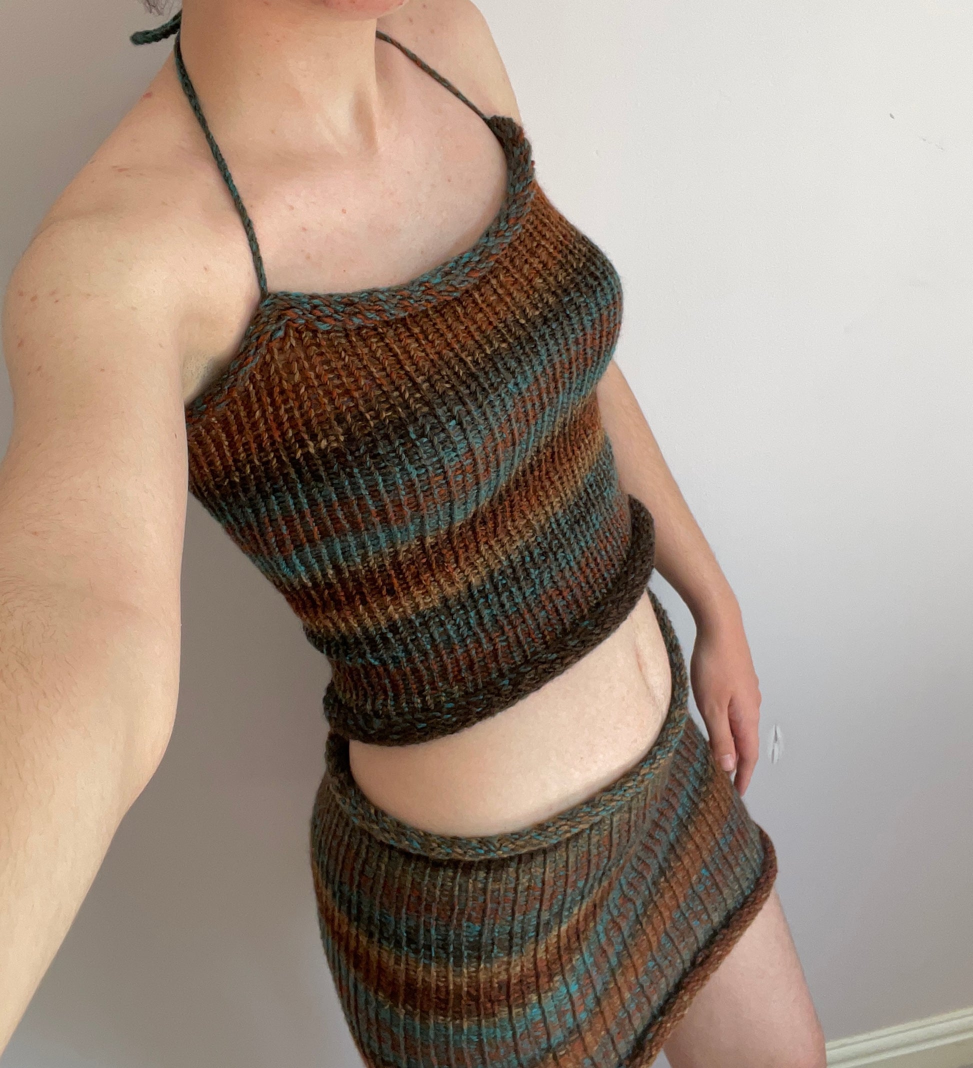 SET: Handmade knitted top and skirt in blue and brown shades – Yarns Truly  Shop