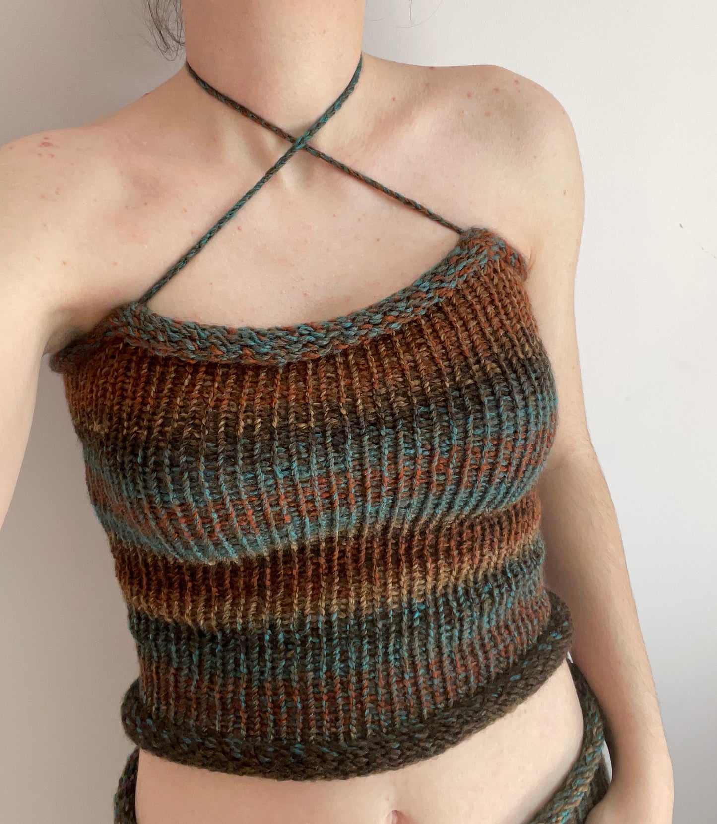 SET: Handmade knitted top and skirt in blue and brown shades