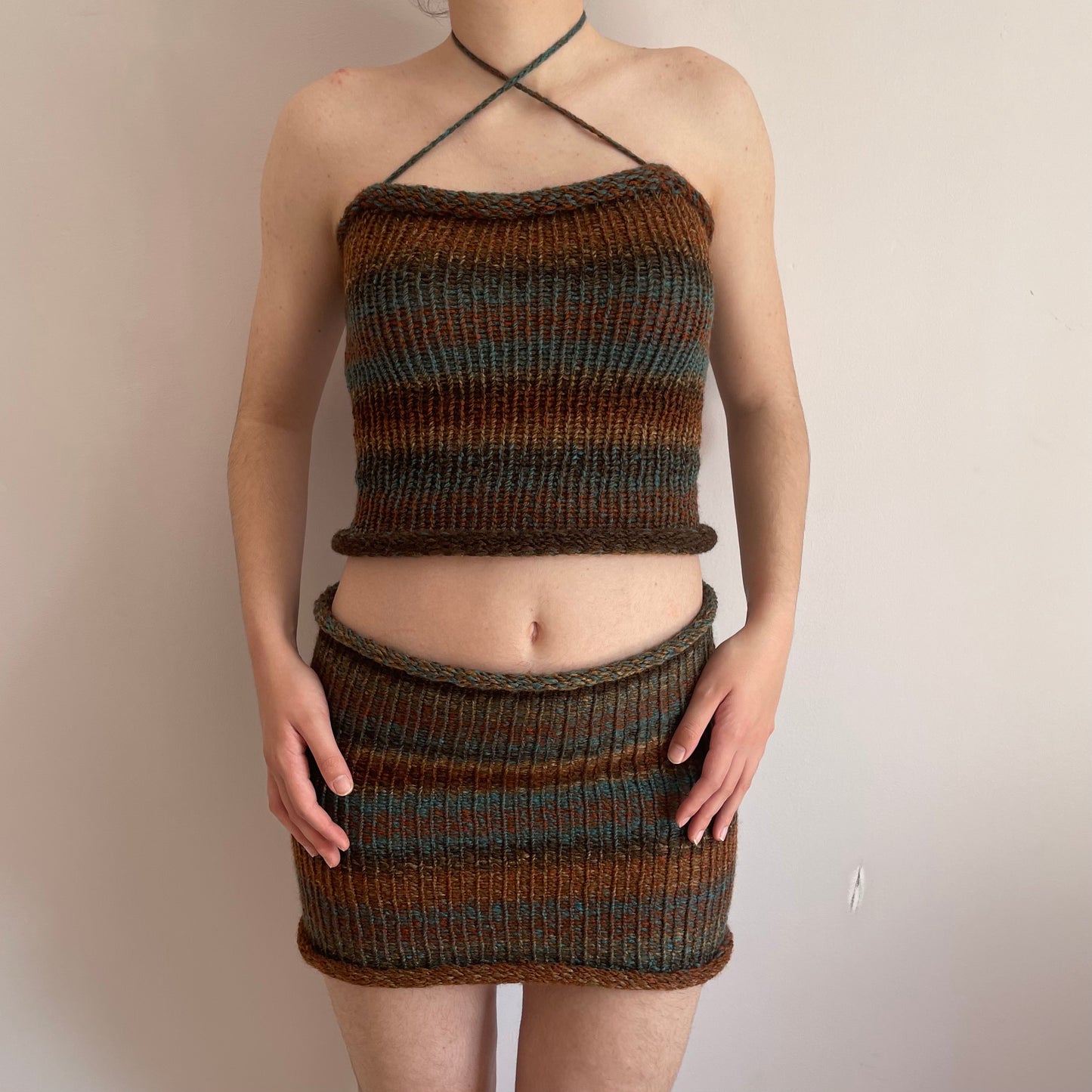 SET: Handmade knitted top and skirt in blue and brown shades