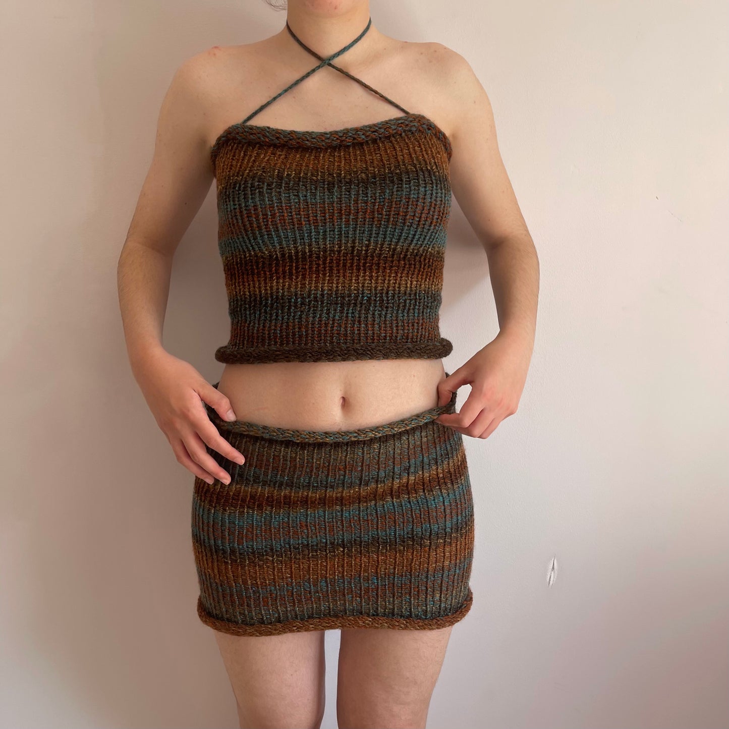 SET: Handmade knitted top and skirt in blue and brown shades