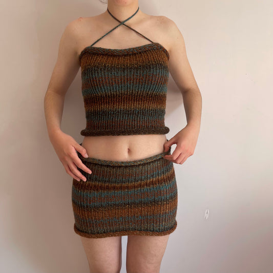 SET: Handmade knitted top and skirt in blue and brown shades