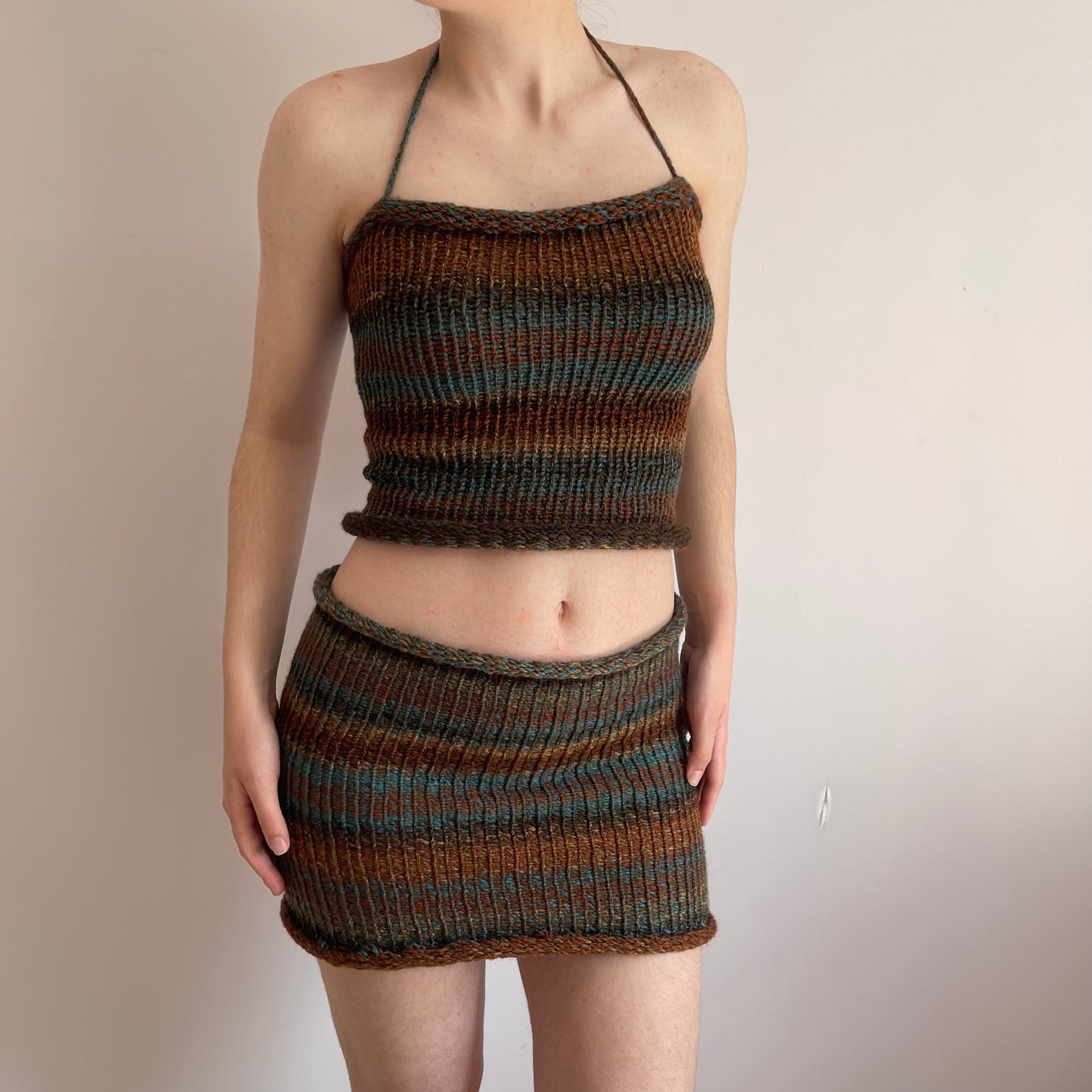 Handmade knitted halter top in brown and blue shades