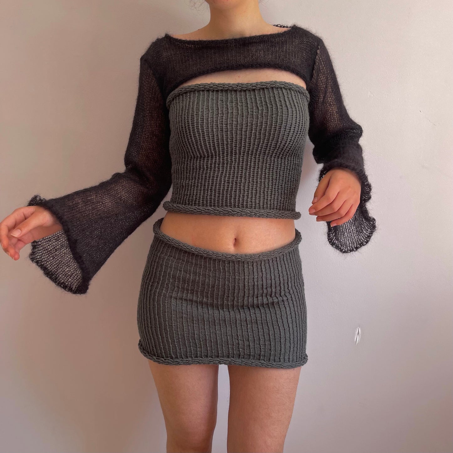 SET: Handmade knitted bandeau top and skirt in slate grey