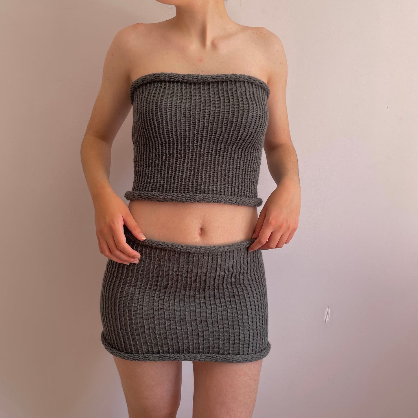 SET: Handmade knitted bandeau top and skirt in slate grey