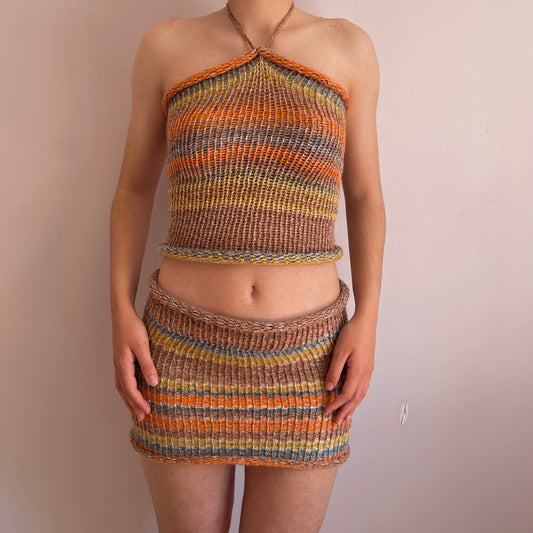 SET: Handmade knitted halter top and skirt in orange, mustard yellow and grey