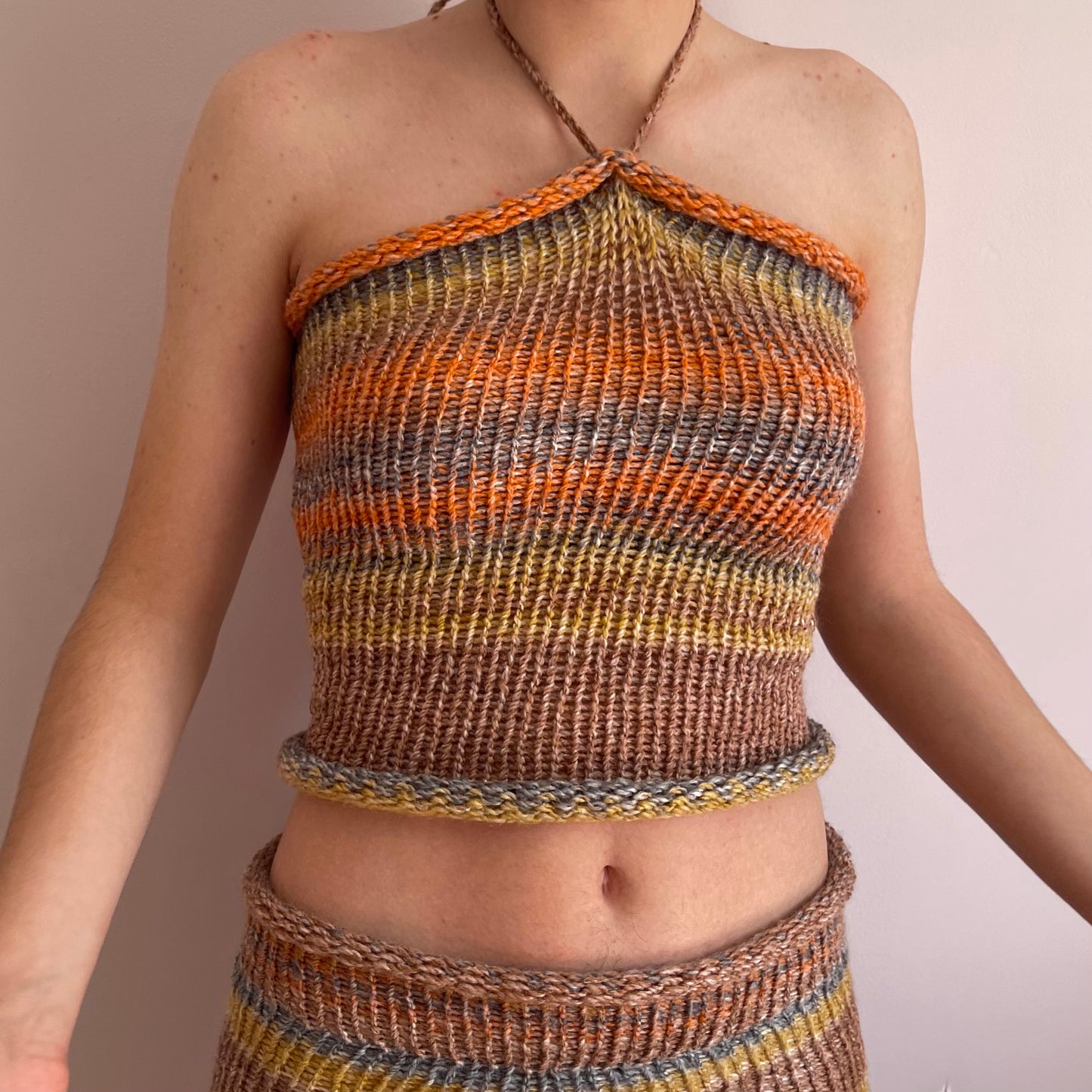 SET: Handmade knitted halter top and skirt in orange, mustard yellow and grey
