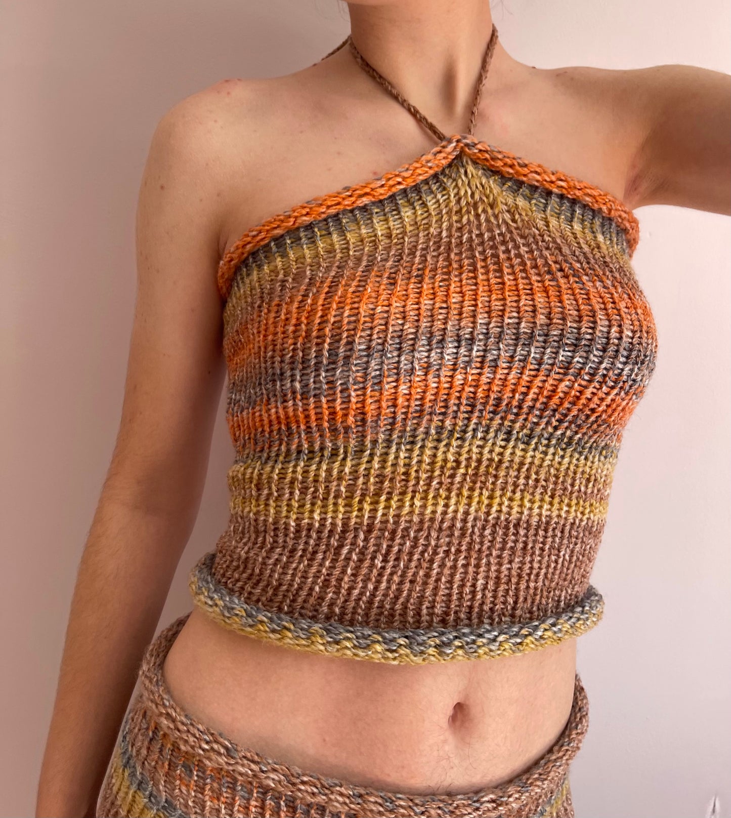 Handmade knitted halter neck top in orange, mustard yellow and grey