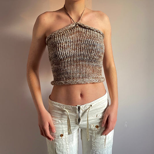 Handmade knitted halter neck top in beige, light brown and cream