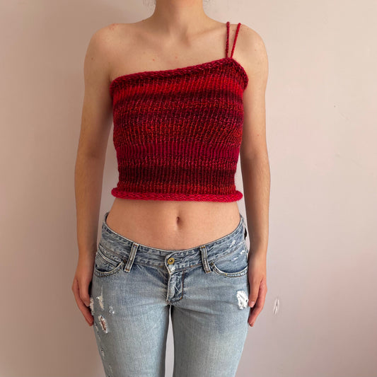 Handmade knitted asymmetrical top in red tones