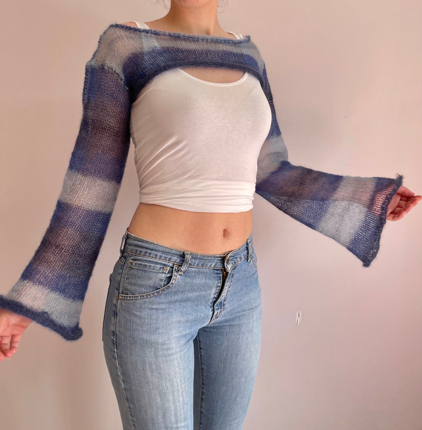 Handmade knitted ultra cropped mohair jumper / bolero in stripy blue