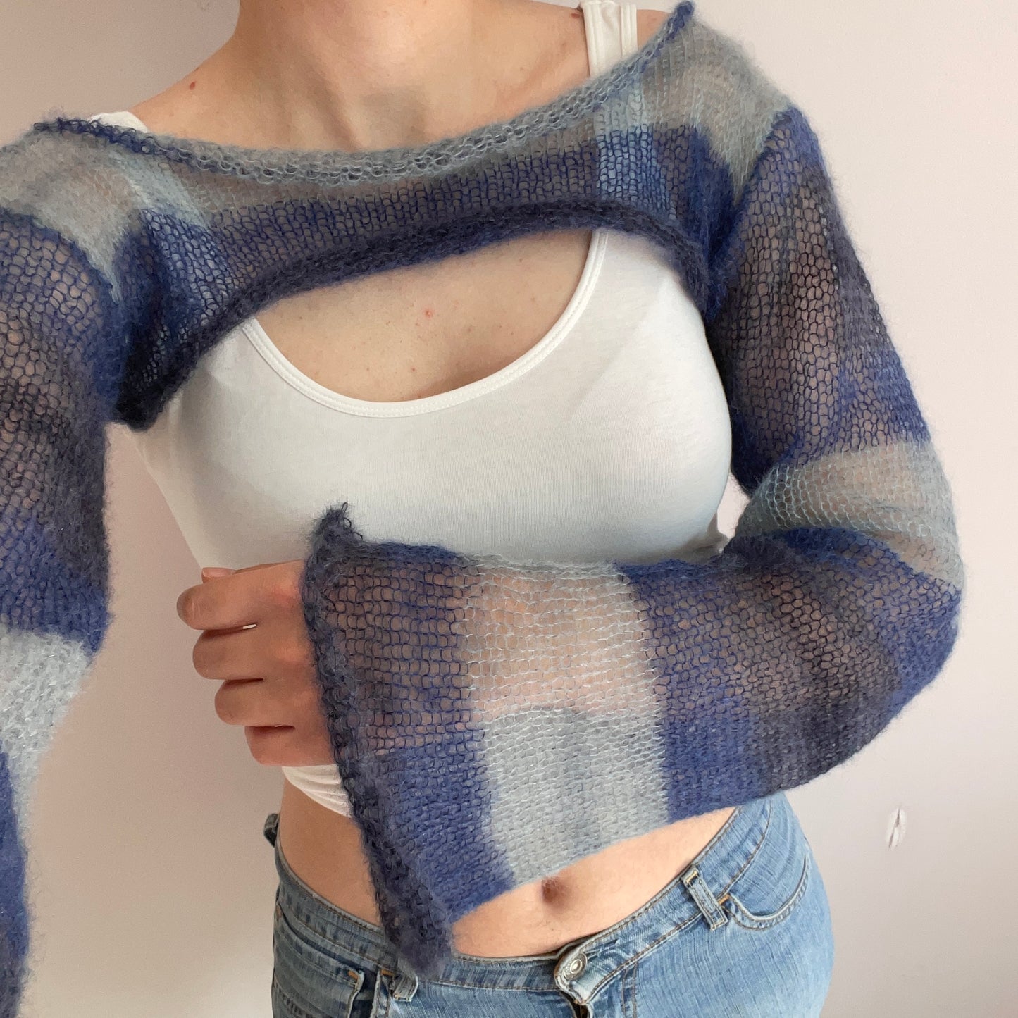 Handmade knitted ultra cropped mohair jumper / bolero in stripy blue
