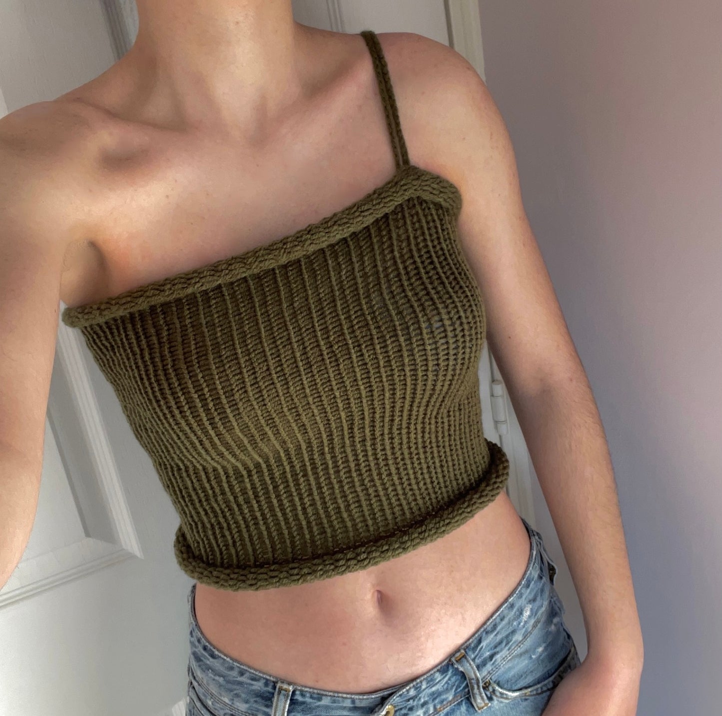 Handmade knitted asymmetrical top in khaki green