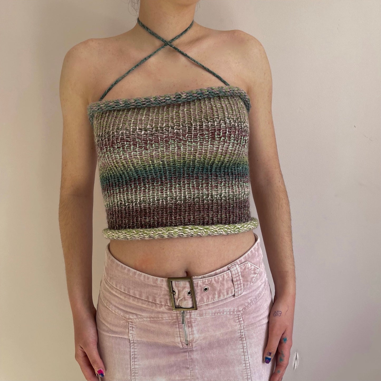 Handmade knitted criss cross halter top in dusky shades