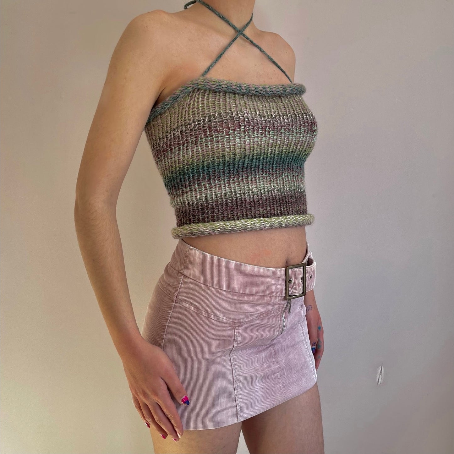 Handmade knitted criss cross halter top in dusky shades