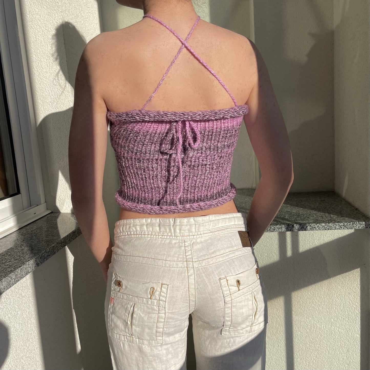 Handmade knitted bandeau top in purple shades