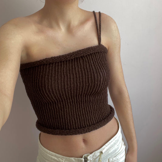 Handmade knitted asymmetrical top in brown