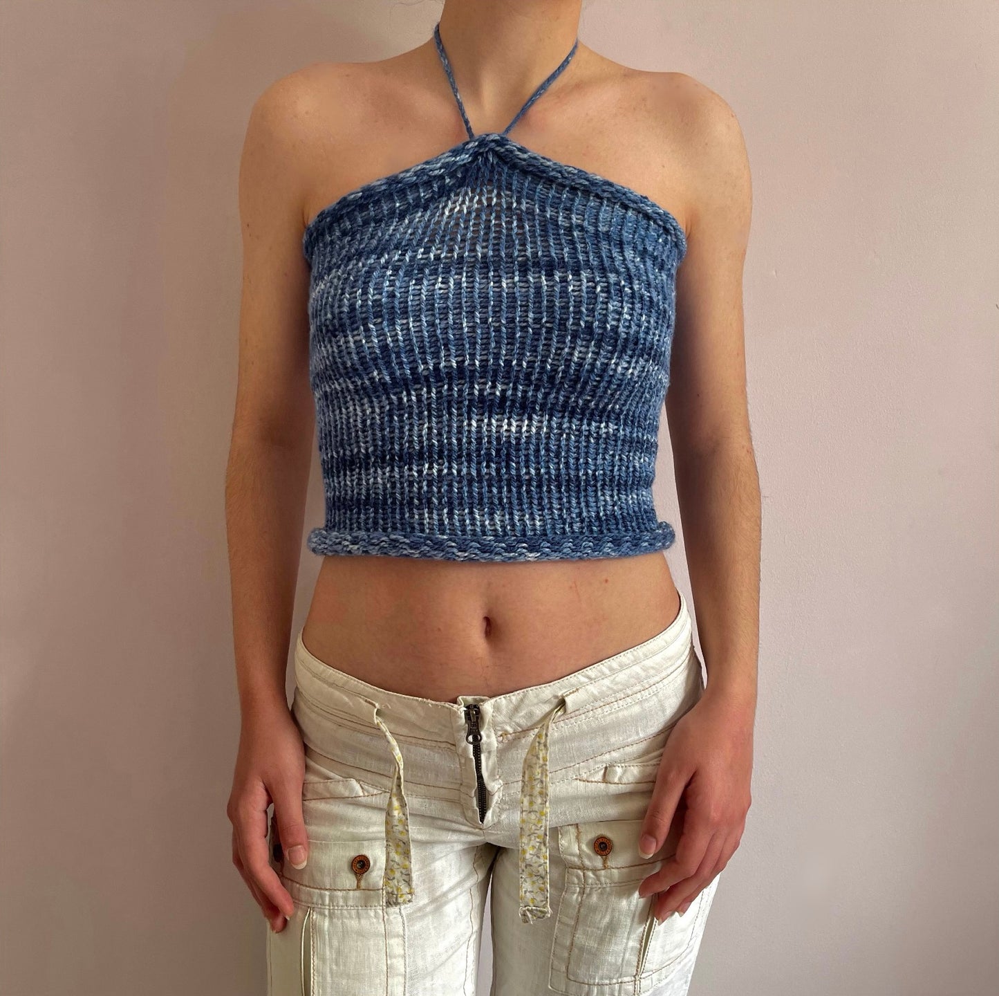 Handmade knitted halter top in blue and white