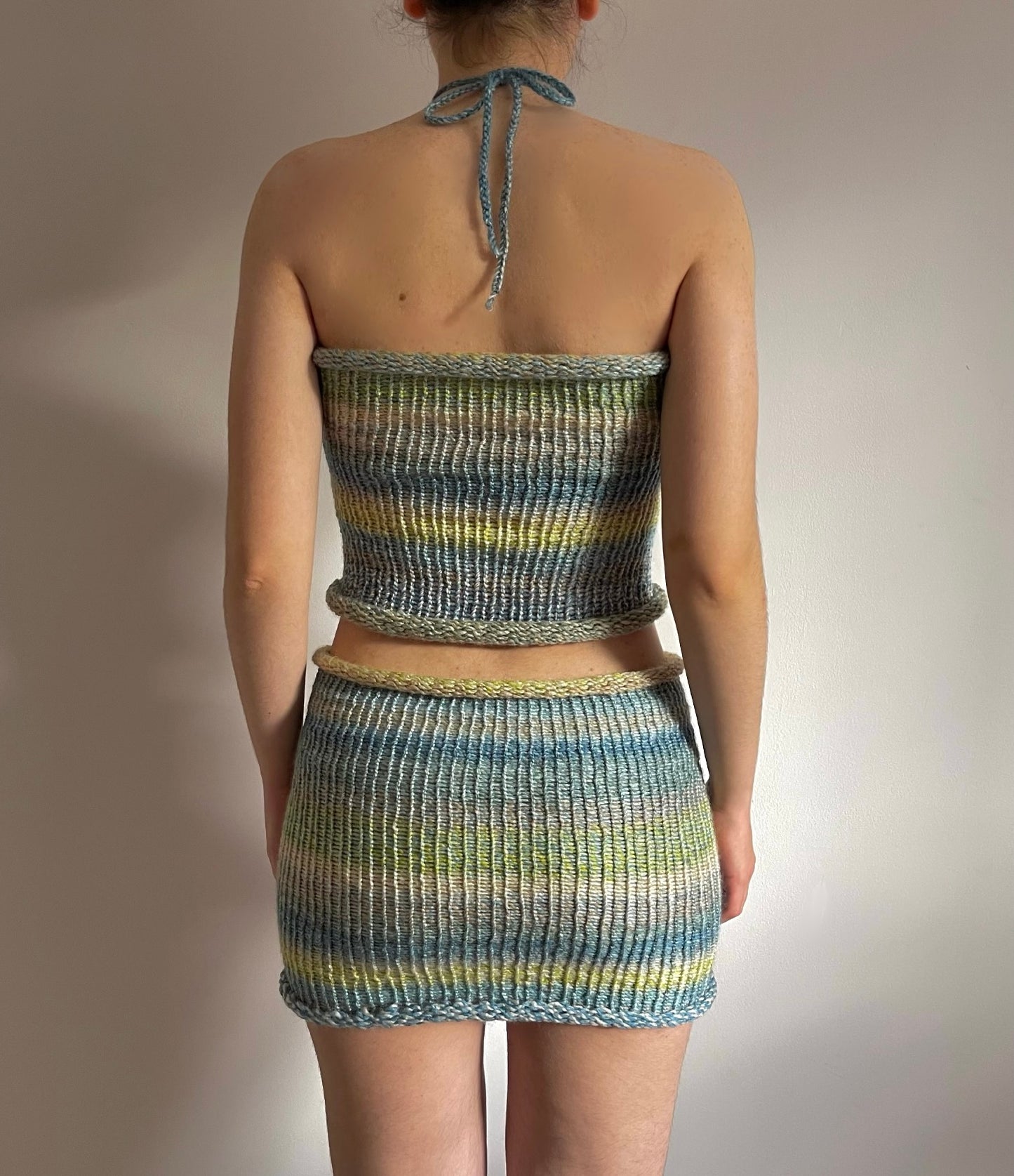 SET: Handmade knitted halter top and skirt in green, beige, yellow and blue