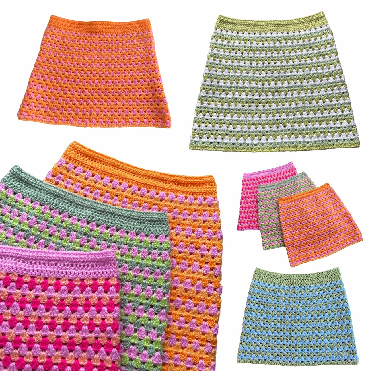 Handmade retro crochet mini skirt in pink and green