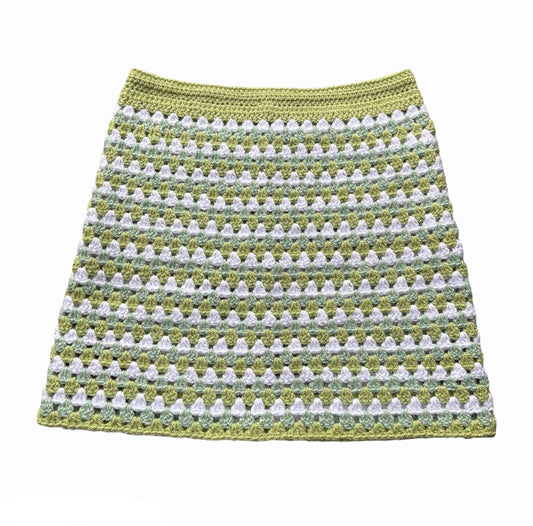 Handmade retro crochet mini skirt in green and white