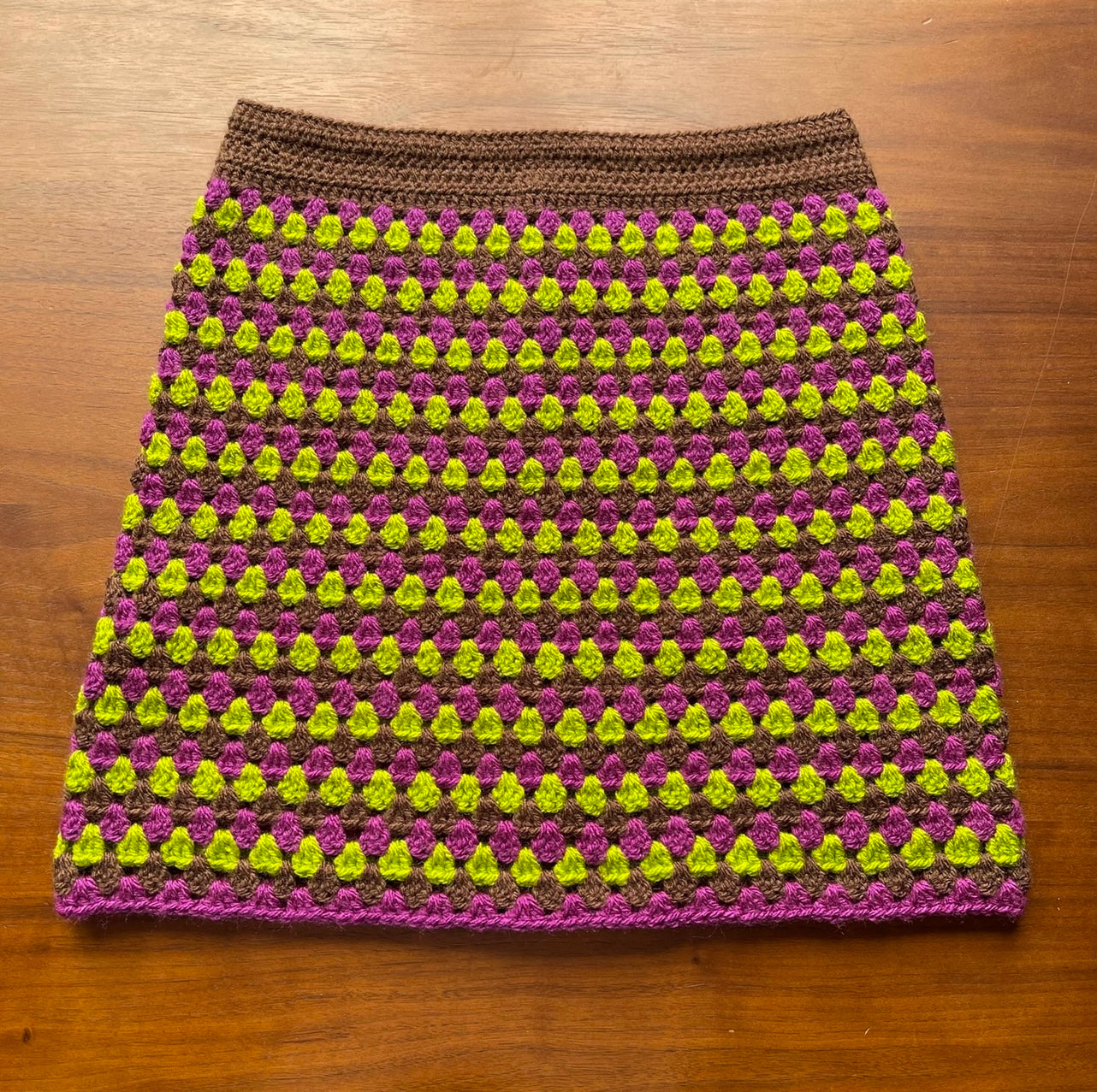 Handmade retro crochet mini skirt in brown, beetroot & green