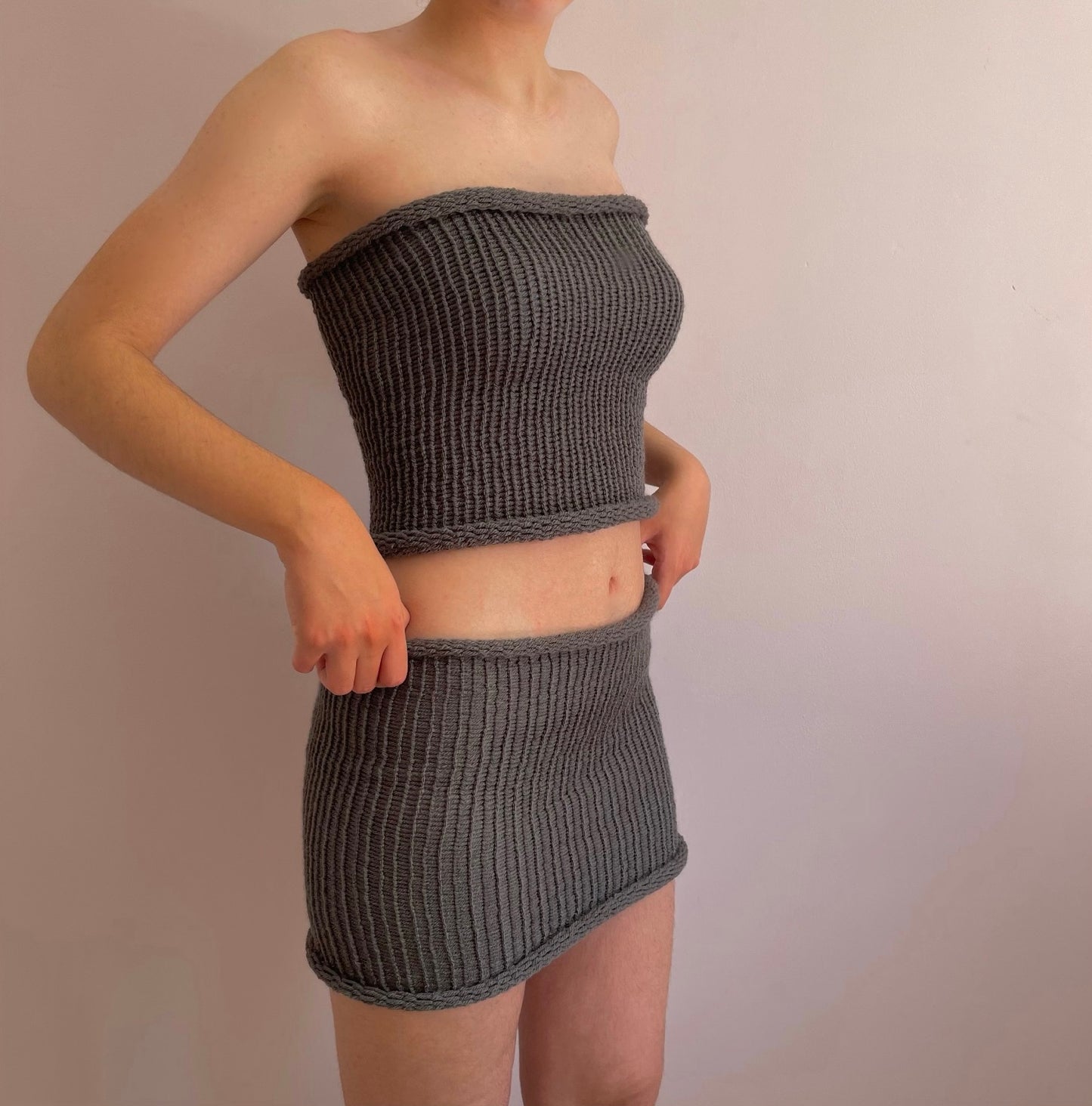 SET: Handmade knitted bandeau top and skirt in slate grey