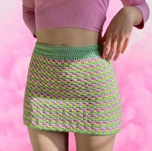 Handmade retro crochet mini skirt in pink and green
