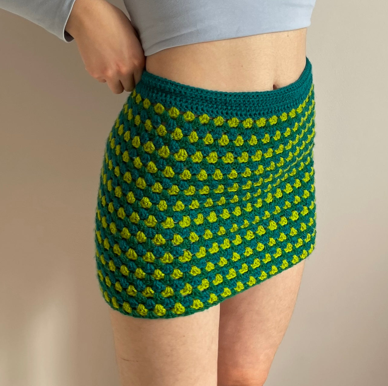 Handmade retro crochet mini skirt in teal and green