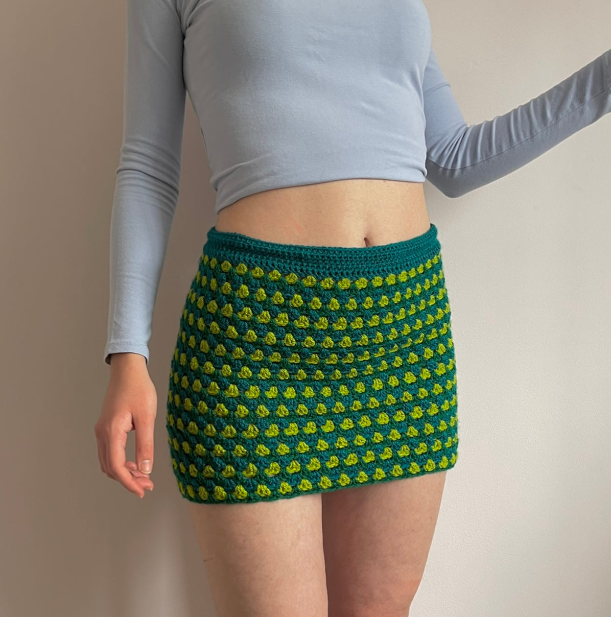Handmade retro crochet mini skirt in teal and green
