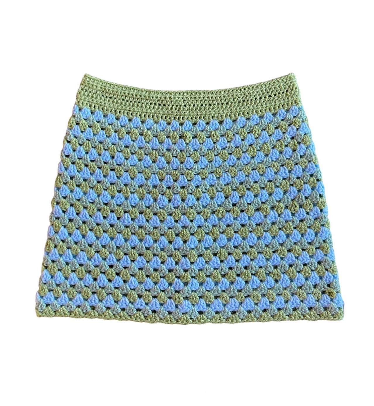 Handmade retro crochet mini skirt in baby blue and green