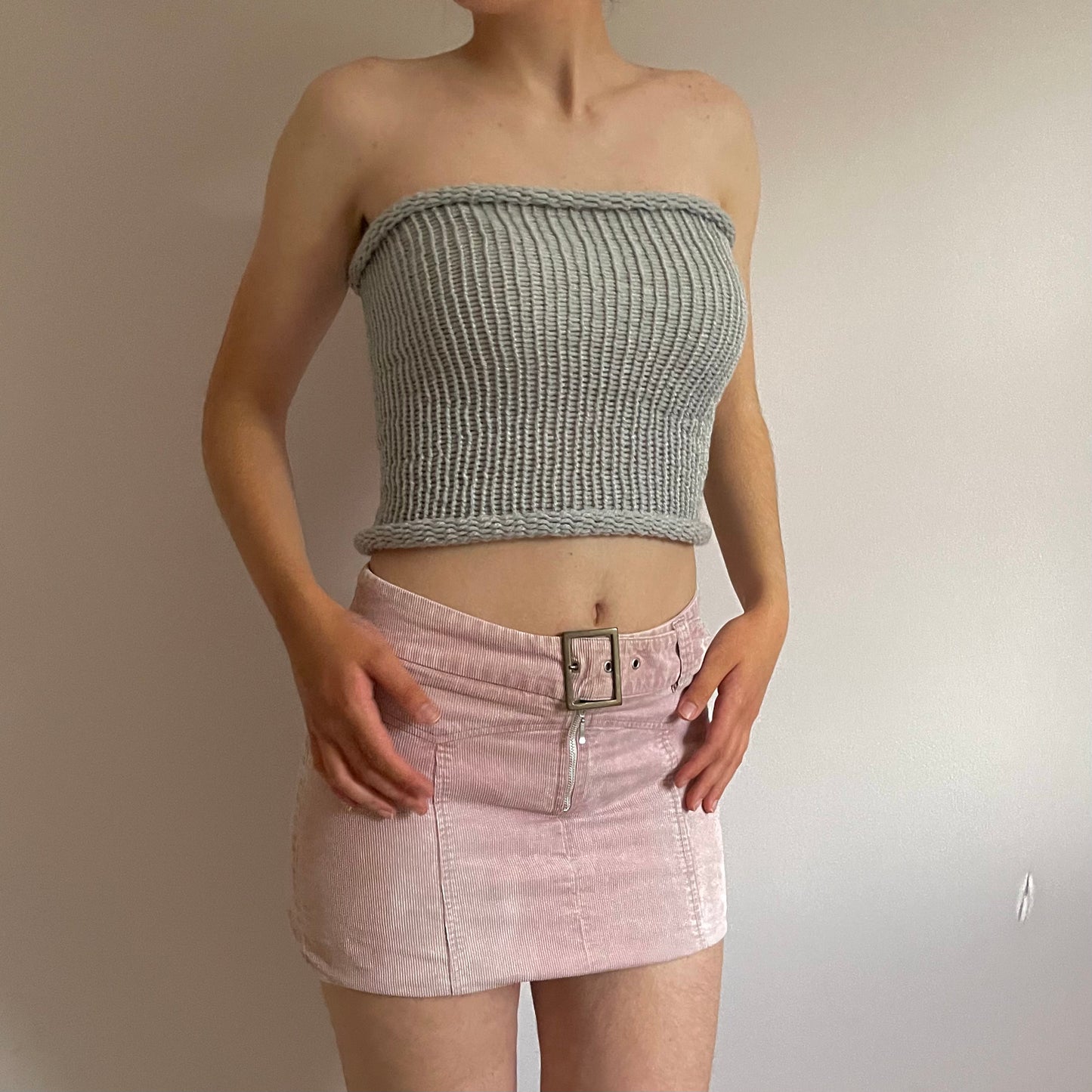 Handmade knitted bandeau top in pebble grey
