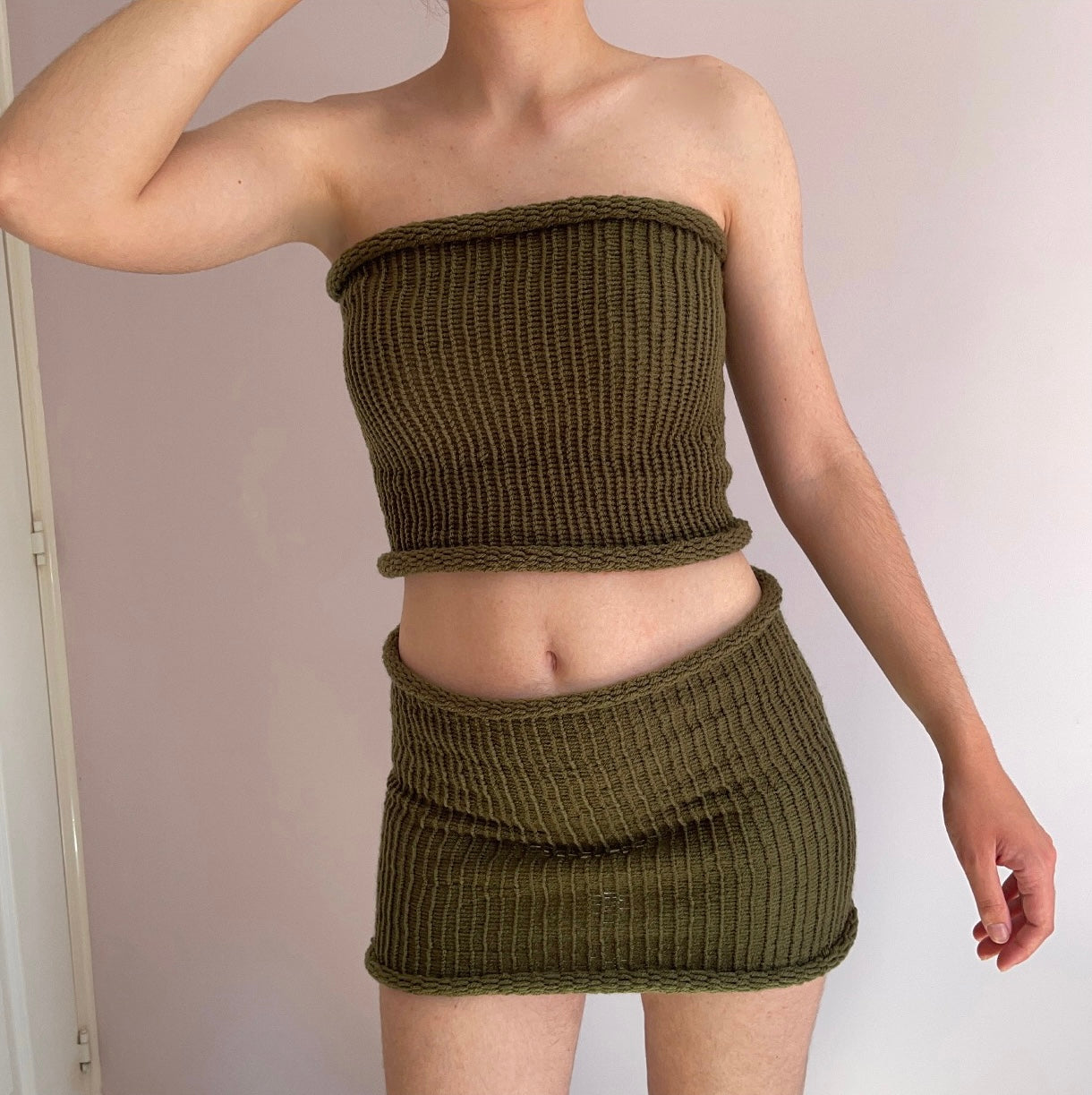 SET: Handmade knitted bandeau top and skirt in khaki green
