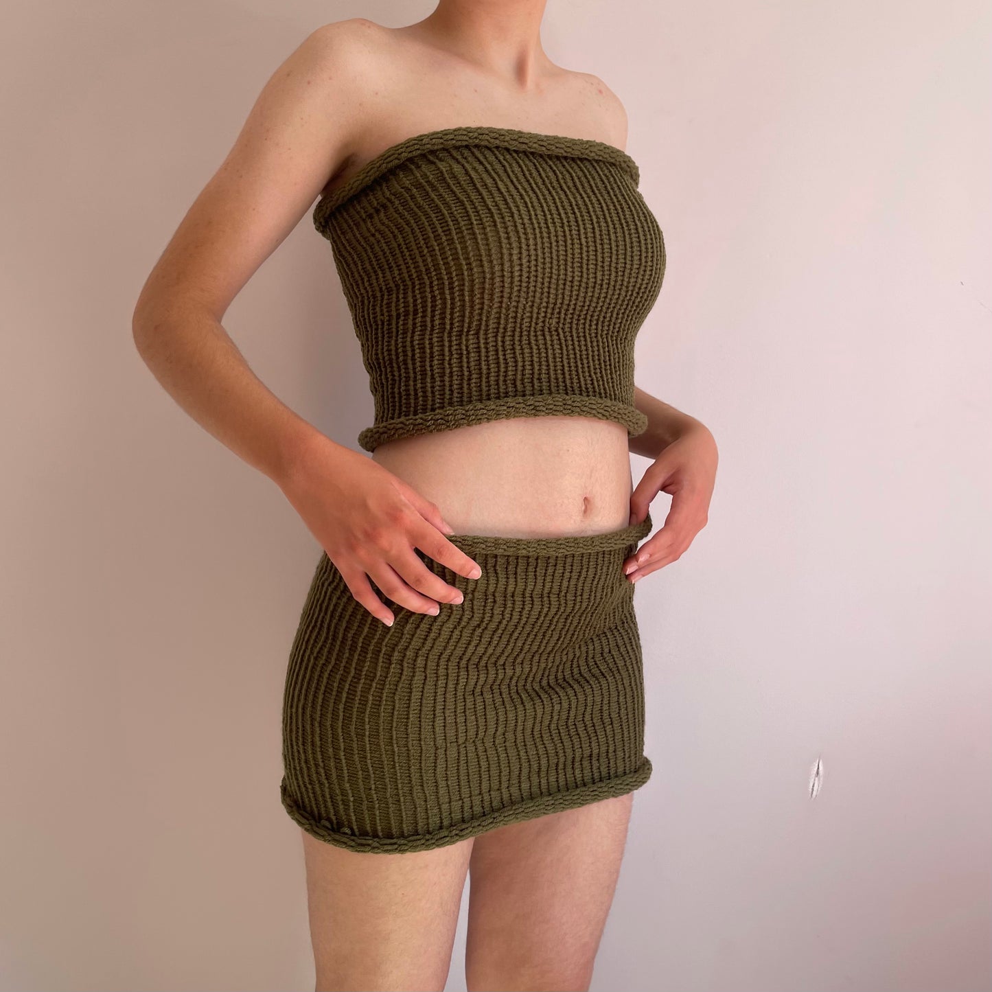 SET: Handmade knitted bandeau top and skirt in khaki green