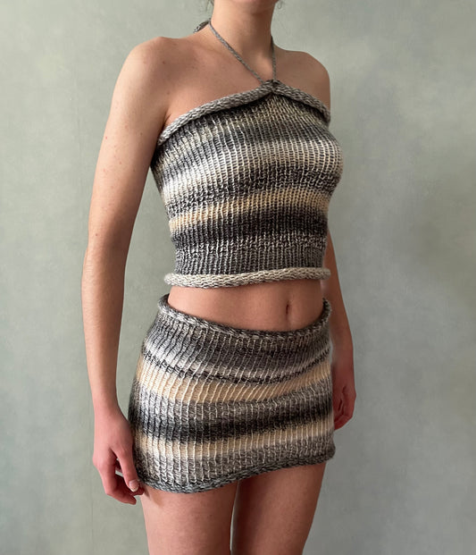 SET: Handmade knitted top and skirt in grey, beige and cream