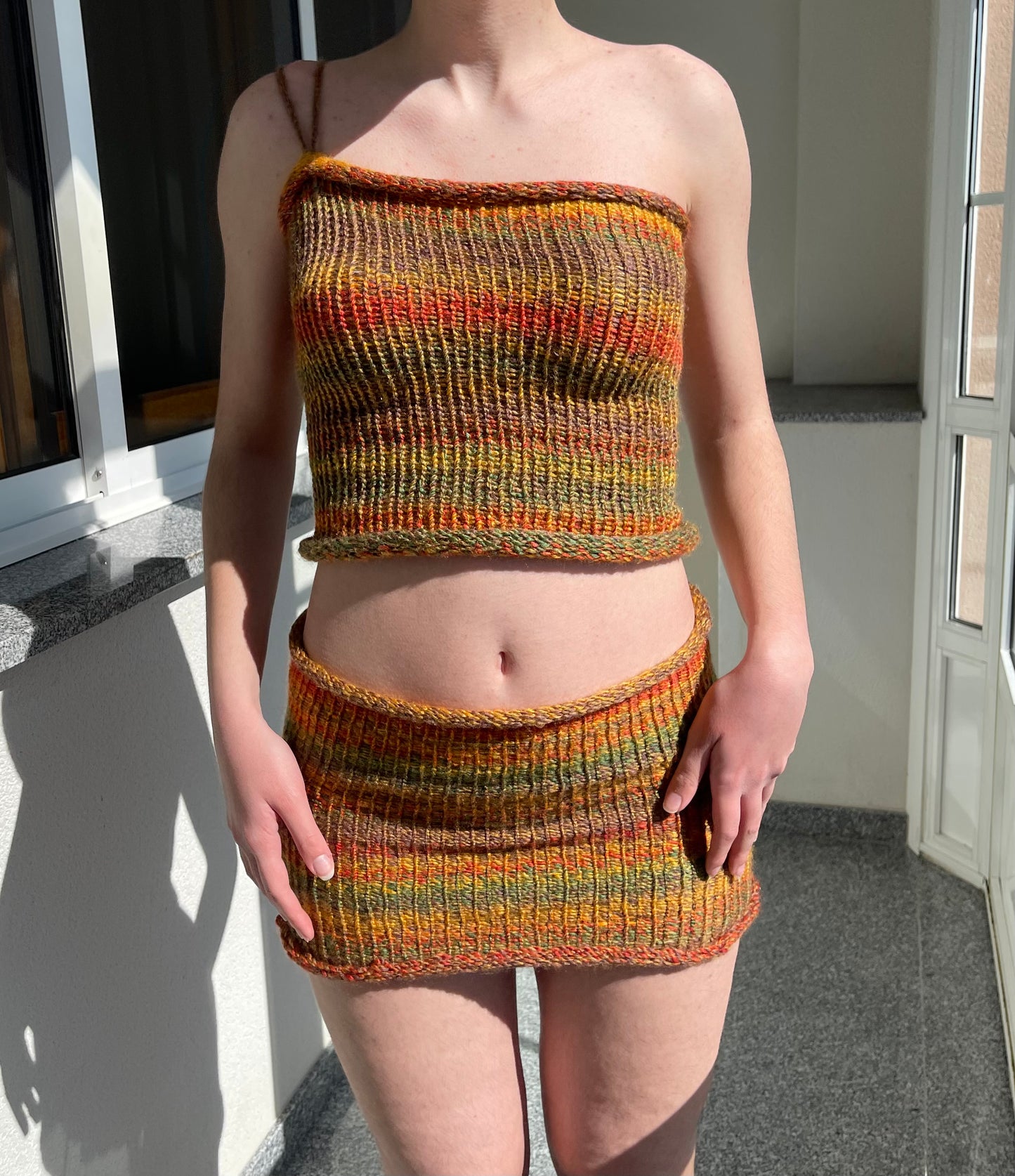 Handmade knitted asymmetrical top in earth tones
