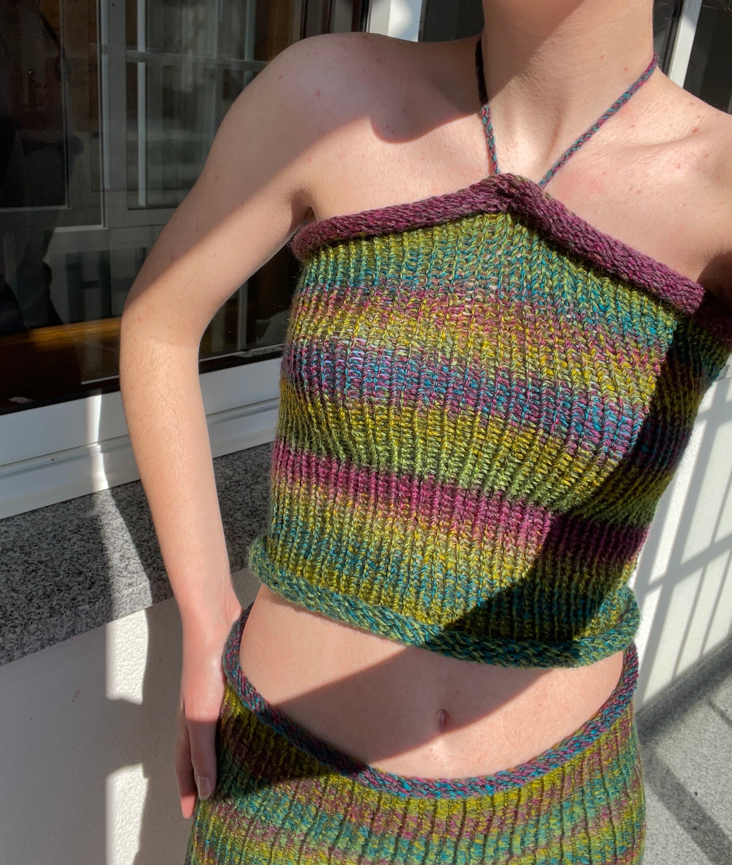 SET: Handmade knitted halter top and skirt in green, purple and blue