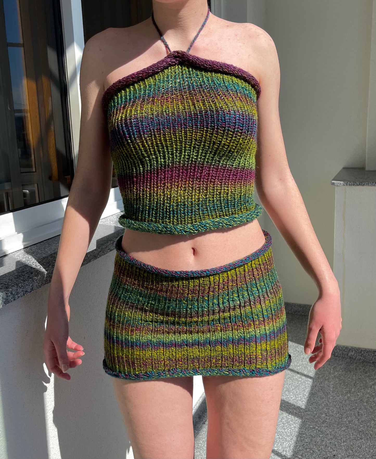 SET: Handmade knitted halter top and skirt in green, purple and blue