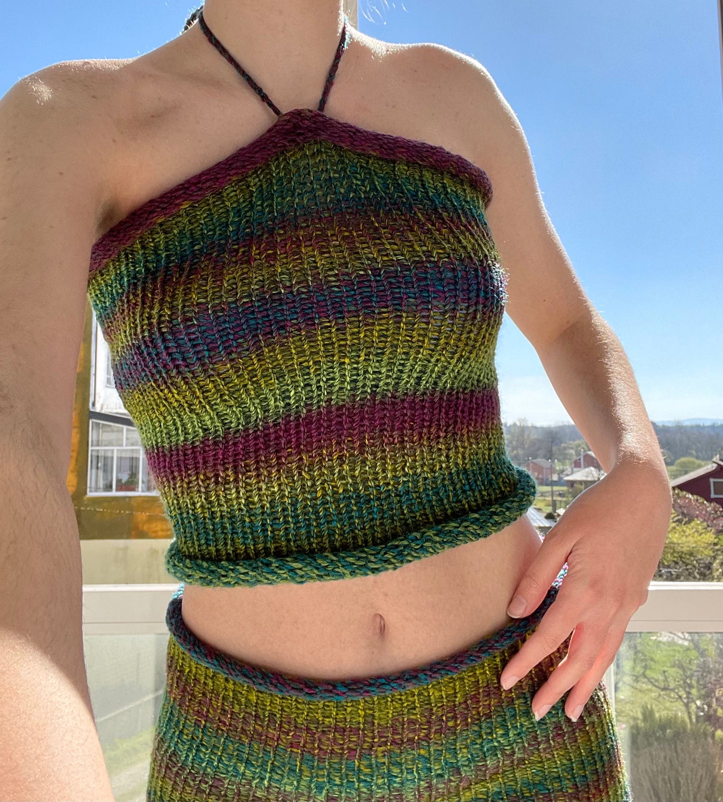 Handmade knitted halter neck top in green, purple and blue