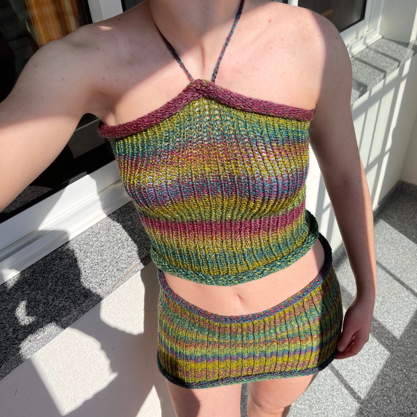 SET: Handmade knitted halter top and skirt in green, purple and blue